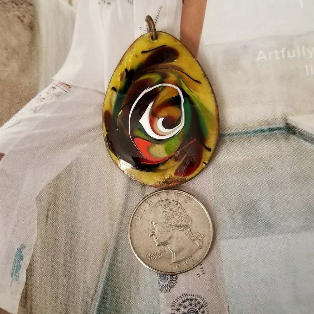 Vintage enamel copper pendant swirl teardrop